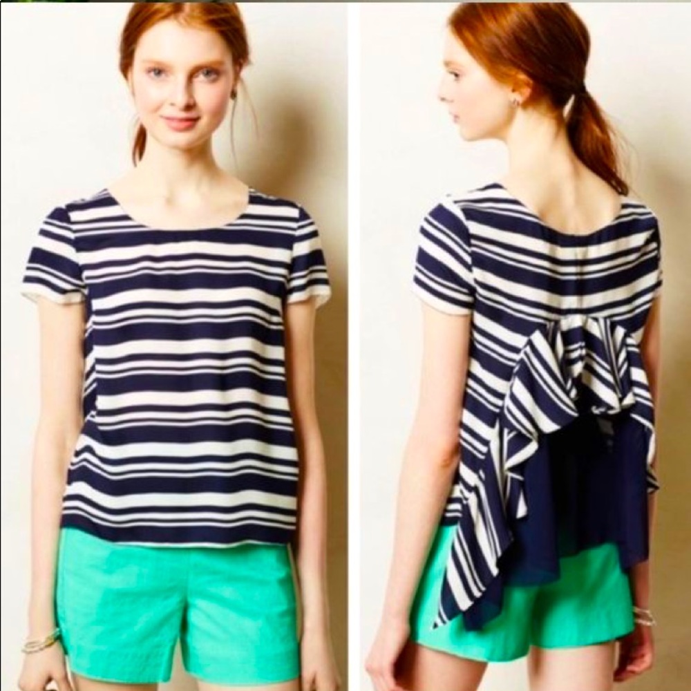 Anthro Maeve Navy Striped Ruffle Back Blouse Top